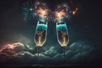 wineglass of champagne on the background of festive fireworks, celebration of an important event, Generative AI.