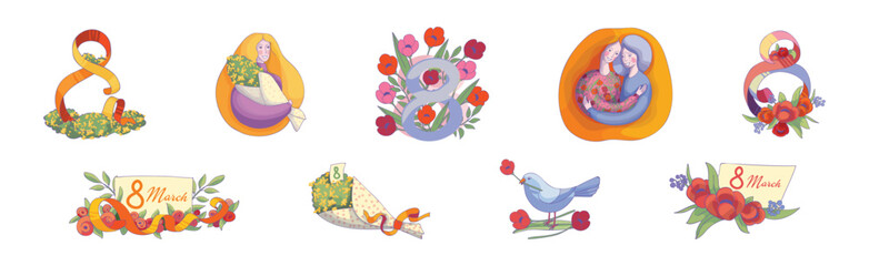 International Woman Day Holiday with Happy Female and Flowers Vector Set