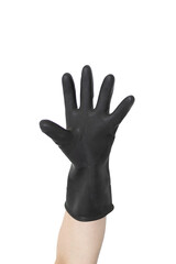 Obraz premium A hand wearing a black rubber glove with the fingers stretched apart in front of a white background.