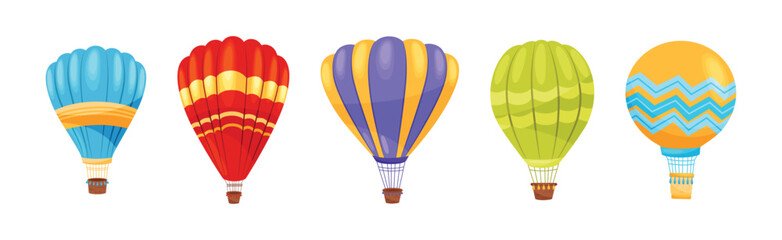 Fototapeta premium Hot Air Balloon as Light Aircraft with Gondola or Basket Vector Set