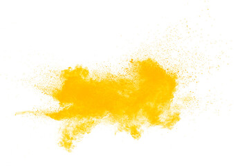 Abstract yellow  powder explosion on white background. Freeze motion of yellow  dust particles...