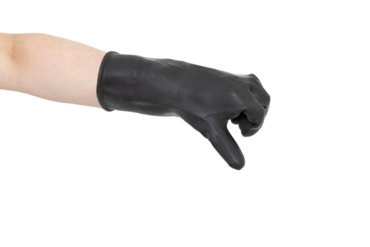 An unrecognizable person with thumb down wearing a black rubber glove. I don't like sign on a white background.