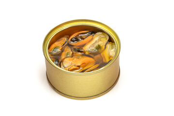 Opened pull tin can of mussels isolated on white background. Sea food conserved