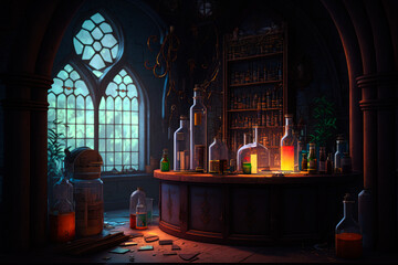 castle alchemy laboratory interior - obrazy, fototapety, plakaty