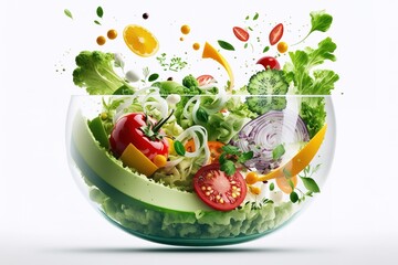 Obraz na płótnie Canvas Veggie salad in glass bowl over white background. Generative AI illustration