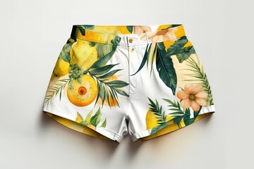 Female summer Hawaiian shorts over white background. Generative AI illustration