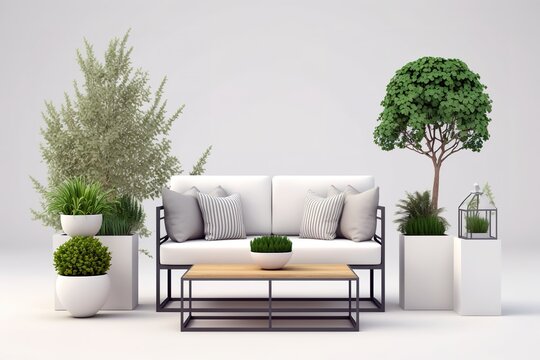 White monochrome mock up of outdoors furniture. Generative AI illustration