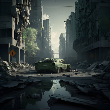 Destroyed city, apocaliptic mood, Generative AI