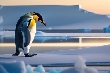Naklejka na ściany i meble Emperor penguin in the Antarctica on an ice floe at winter. Wildlife concept of ecological environment. Generative AI