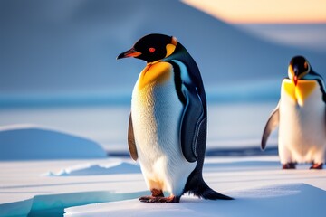 Obraz premium Emperor penguin in the Antarctica on an ice floe at winter. Wildlife concept of ecological environment. Generative AI