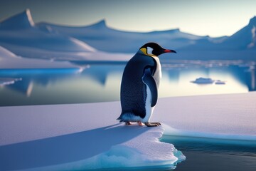 Obraz premium Emperor penguin in the Antarctica on an ice floe at winter. Wildlife concept of ecological environment. Generative AI