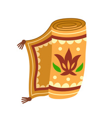 Cartoon wool carpet. Sticker with swirling roll of persian rug with floral pattern and fringe. Cozy stitched mat. Home interior decoration. Flat vector illustration isolated on white background