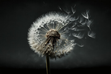 Macro shot dandelion seeds blowing in wind isolated dark background close up made by generative ai