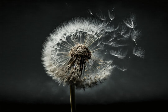 Macro Shot Dandelion Seeds Blowing In Wind Isolated Dark Background Close Up Made By Generative Ai