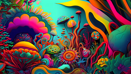 surreal psychedelic background with flowers and plants, created with generative ai