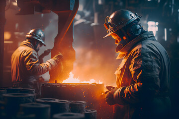 Liquid iron molten metal pouring in container, industrial metallurgical factory, foundry cast, heavy industry. Factory workers in protective suits work. Generative AI - obrazy, fototapety, plakaty