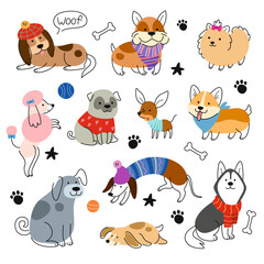 Set of Cute dogs. Colorful doodle stickers or icons with puppies of various breeds in stylish clothes. Funny kind pets or animals. Cartoon flat vector collection isolated on white background