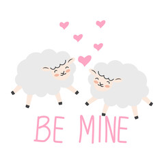 Valentine's day background with cute sheep cartoon and heart sign symbol