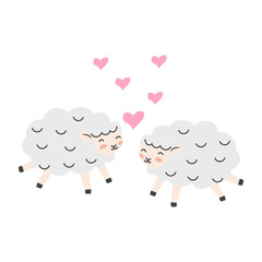 Valentine's day background with cute sheep cartoon and heart sign symbol