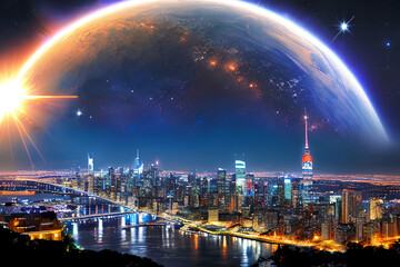 Fototapeta na wymiar country skyline at night with planet