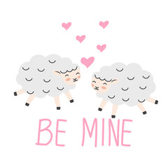 Valentine's day background with cute sheep cartoon and heart sign symbol