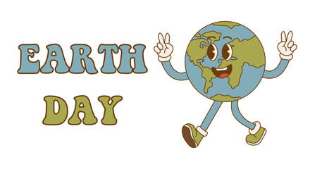 Earth Day. Cartoon cute earth planet character in retro style. Environmental eco concept