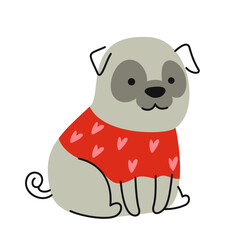 Cute Doodle Dog. Colorful sticker or icon with beautiful gray pug in stylish red sweater. Funny smiling animal or small adorable pet. Cartoon flat vector illustration isolated on white background