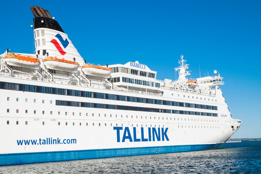 Tallinn Estonia,  february 11, 2023.. view of the cruise ship talling big ferry on the shore of the Baltic Sea in the port for the transport of passengers and cars