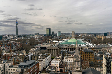 London cityscape from above, view from a rooftop terrace, British Library