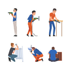 Handyman or Fixer as Skilled Man Engaged in Home Repair Work Vector Set