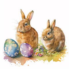 Watercolor Easter bunnies and easter eggs