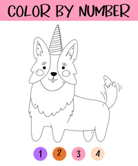 Color by number game for kids. Cute corgi birthday. Happy little puppy coloring book. Kawaii dog. Printable worksheet with solution for school and preschool. Learning numbers activity.