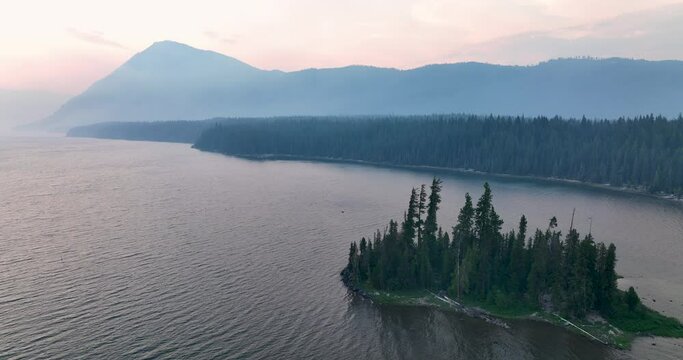 Emerald Island in Lake Wenatchee Washington USA Aerial View Flying Above