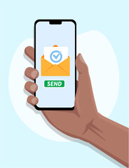 Vector flat illustration of human hand holding smartphone and sending an email
