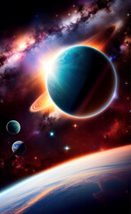 fantastic bright illustration of deep space and distant planets, background, color graphics