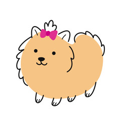 Cute Doodle Dog. Colorful sticker or icons with fluffy Pomeranian. Spitz with pink bow. Charming beautiful animal. Funny smiling pet. Cartoon flat vector illustration isolated on white background