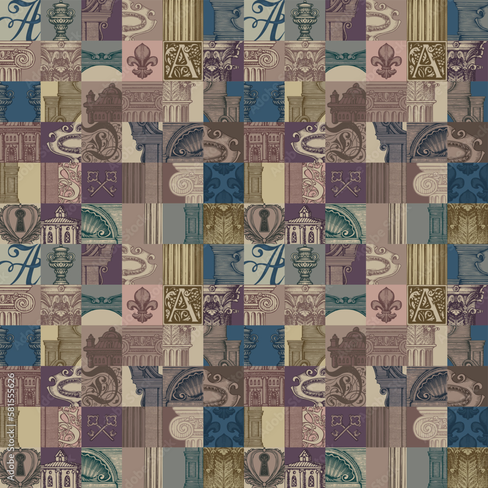 Poster abstract seamless pattern on theme of medieval architecture and art. vector background with colored 