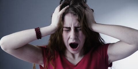 Portrait of depressive young woman alone with  problems Difficulties, psychology, body language,...