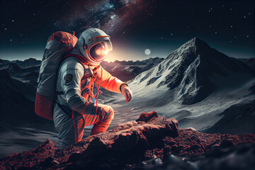 Generative AI Illustration of an astronaut climbing a mountain at night.