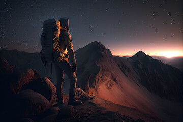 Generative AI full body of an anonymous male traveller with rucksack standing on the mountain hill at night