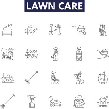 Lawn care line vector icons and signs. Gardening, Weeding, Fertilizing, Aerating, Edging, De-thatching, Mulching, Pruning outline vector illustration set