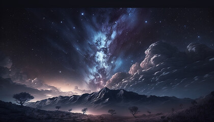 night starry sky over mountain landscape, generative ai