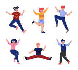 Smiling Teen Boy and Girl Jumping with Joy Raising Hands Up Having Fun Vector Set.