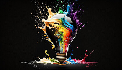 splash of multi-colored paints in the form of a light bulb, generative ai