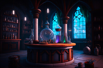 castle alchemy laboratory interior - obrazy, fototapety, plakaty