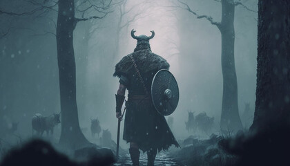 Fototapeta premium vikings in the foggy forest, generative ai