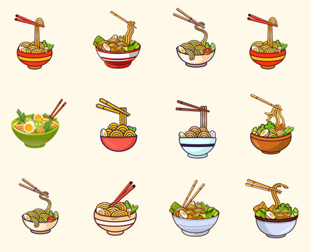 Set Pho With Noodles Hi-Quality Illustration, Best Colorful Asian Food Illustration Recipe Design.Premium Vector With Hi-Quality Delicious Pho Illustration Vector Design.