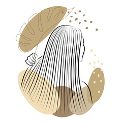 Straight beautiful hair of a girl and leaves of a plant. The lady is beautiful and stylish. Lamination and keratin hair straightening. Vector illustration.
