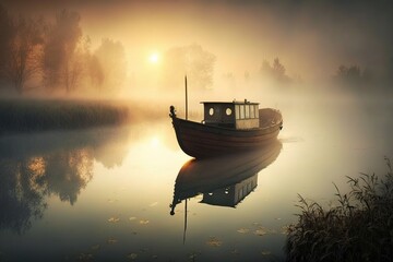 Fog on lake, a lonely boat near the shore at evening sunset. 