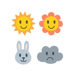 Cute sticker set. Colorful labels or badges with sun, flower, bunny and cloud. Decorative elements for personal diary, planner or journal. Cartoon flat vector collection isolated on white background
